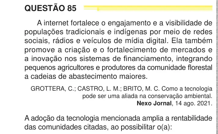 Enunciado da questão 85 do ENEM 2024 Dia 1