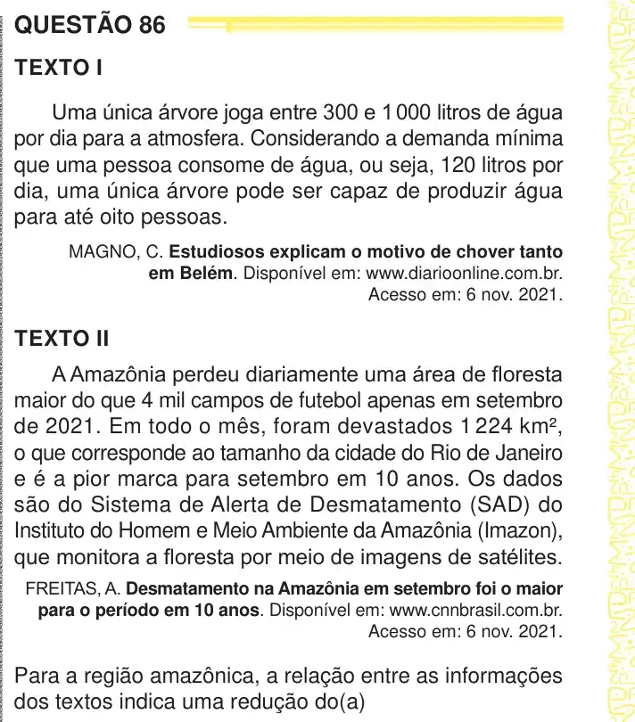 Enunciado da questão 86 do ENEM 2024 Dia 1