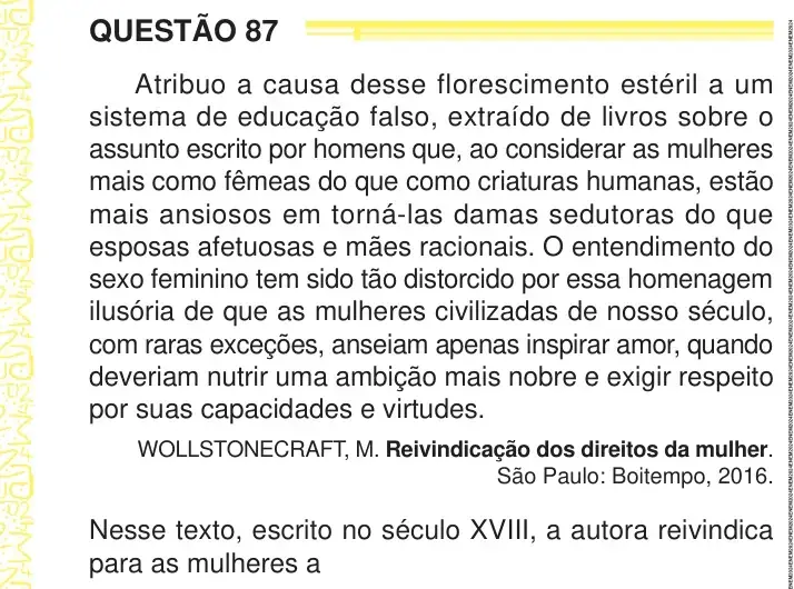 Enunciado da questão 87 do ENEM 2024 Dia 1