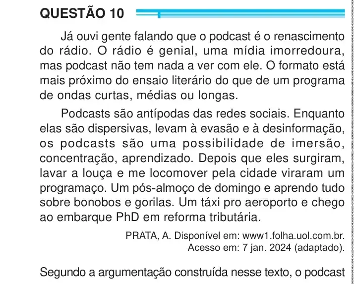 Enunciado da questão 10 do ENEM 2024