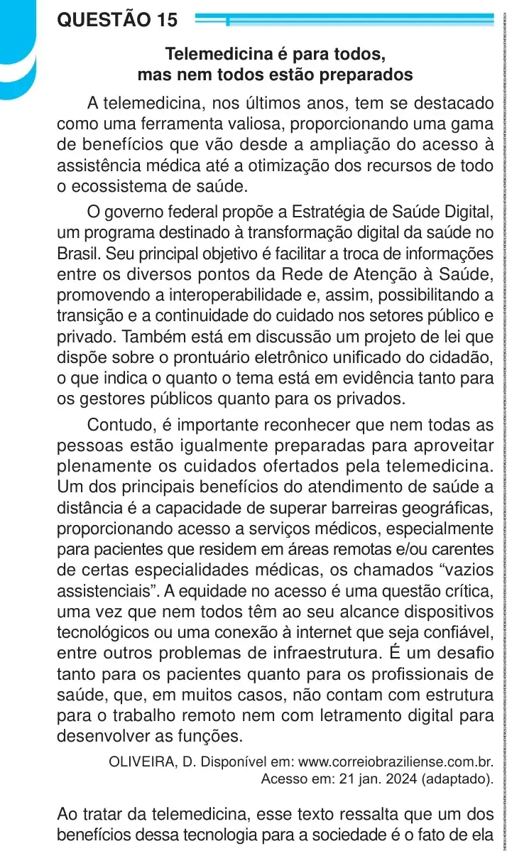 Enunciado da questão 15 do ENEM 2024