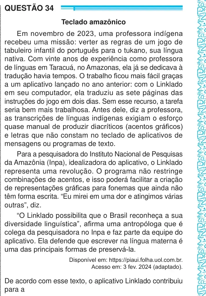 Enunciado da questão 34 do ENEM 2024