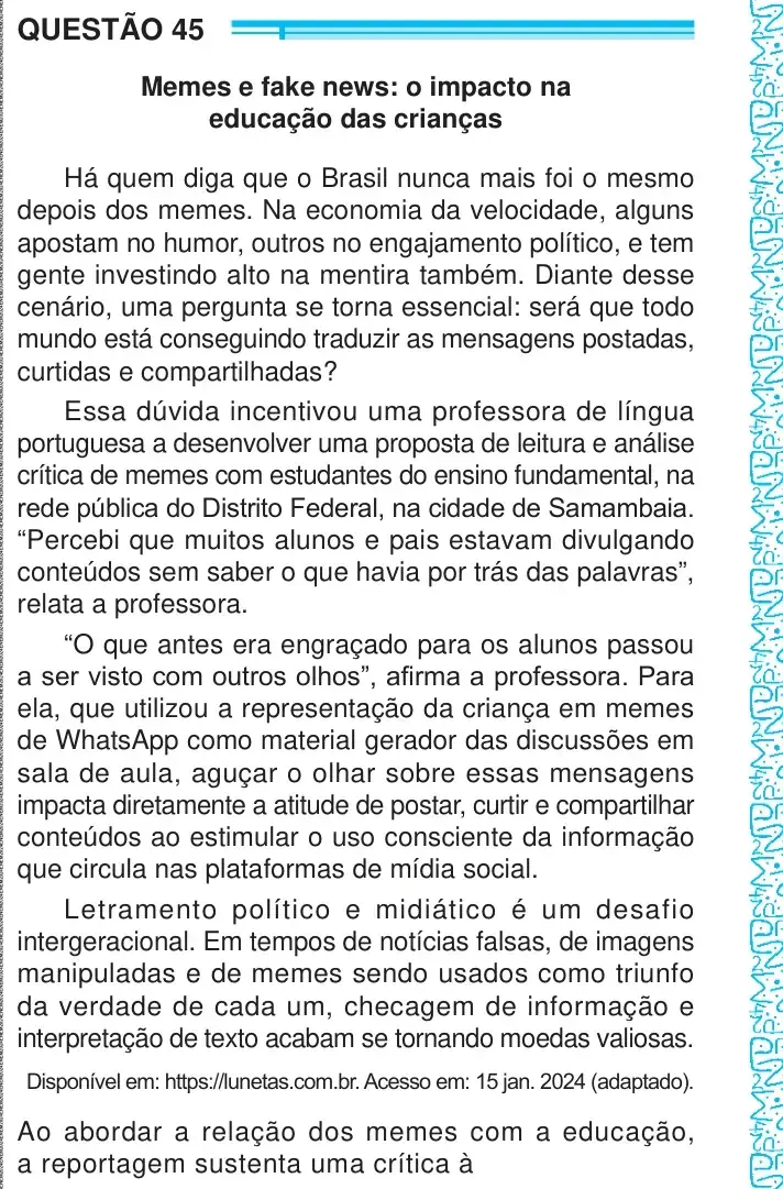 Enunciado da questão 45 do ENEM 2024