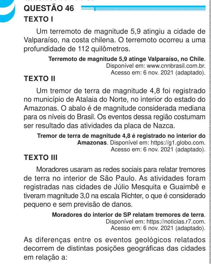Enunciado da questão 46 do ENEM 2024