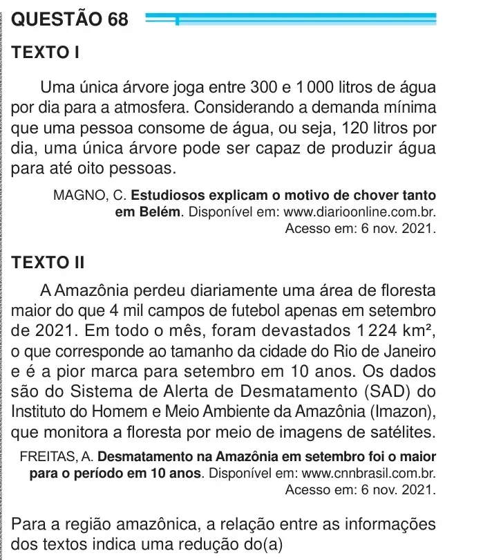 Enunciado da questão 68 do ENEM 2024