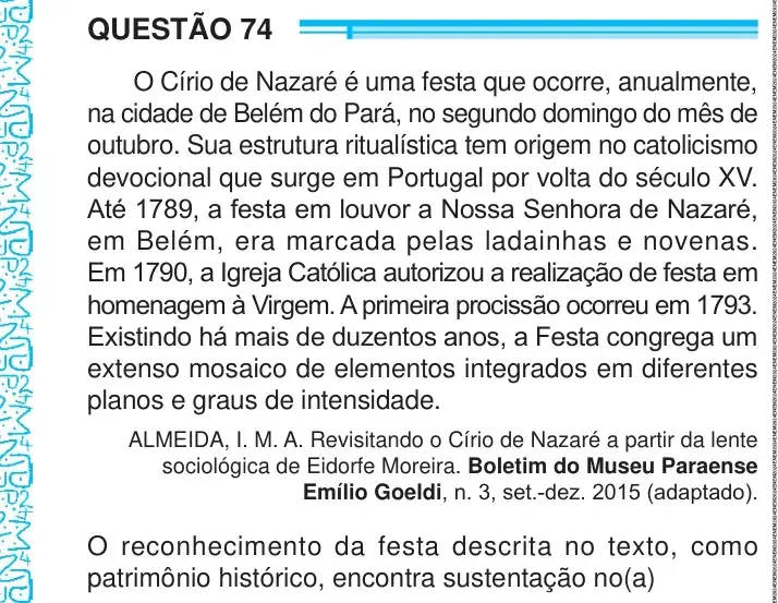 Enunciado da questão 74 do ENEM 2024