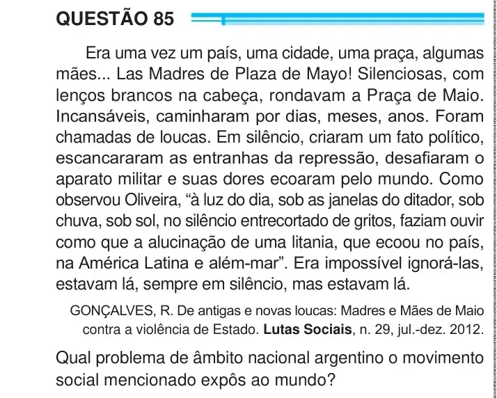 Enunciado da questão 85 do ENEM 2024