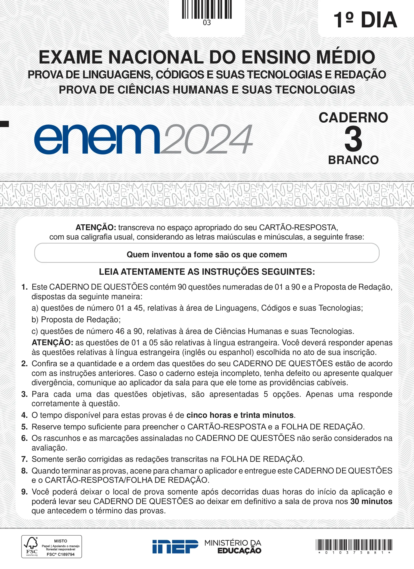 ENEM 2024 Dia 1 Caderno Branco