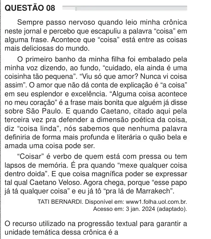 Enunciado da questão 8 do ENEM 2024 Dia 1