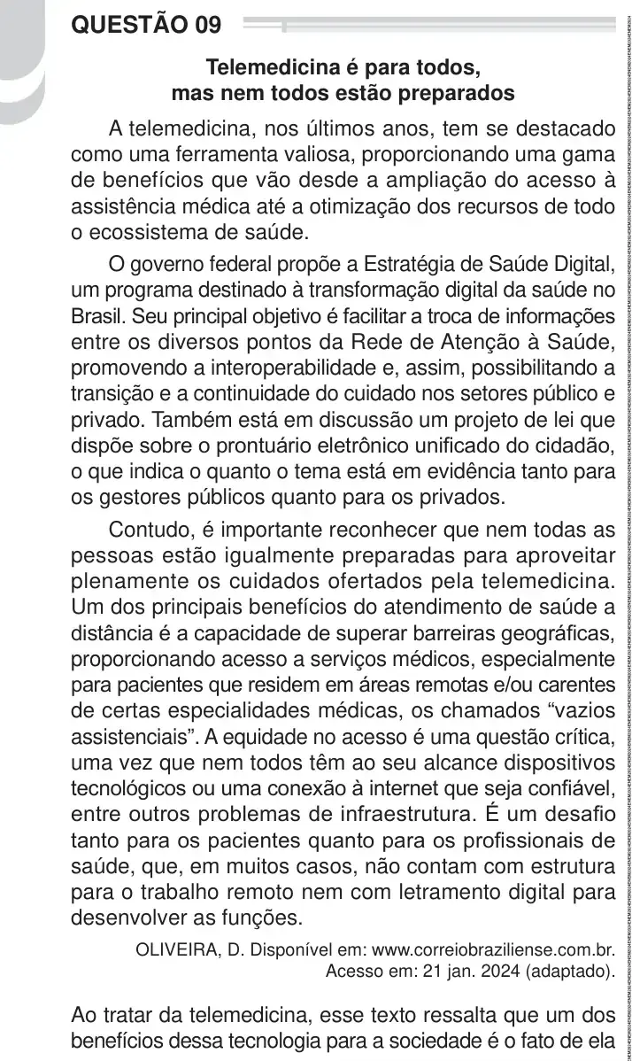 Enunciado da questão 9 do ENEM 2024 Dia 1