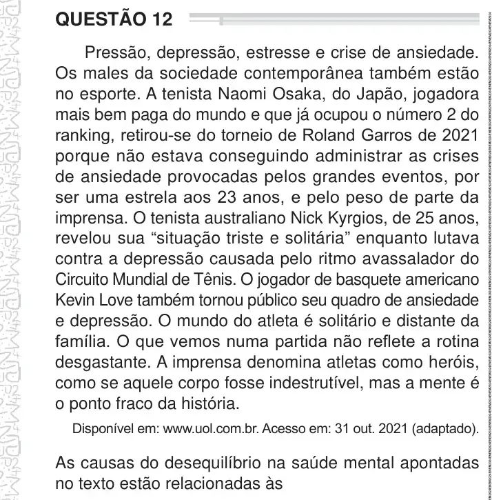 Enunciado da questão 12 do ENEM 2024 Dia 1