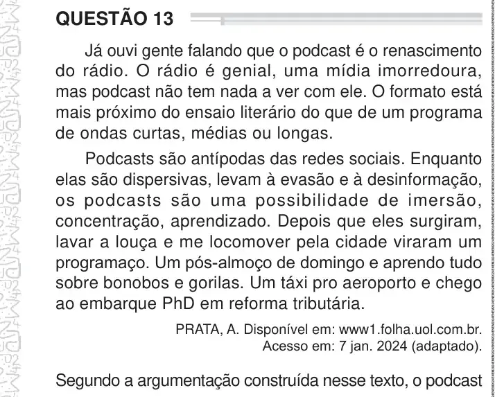 Enunciado da questão 13 do ENEM 2024 Dia 1