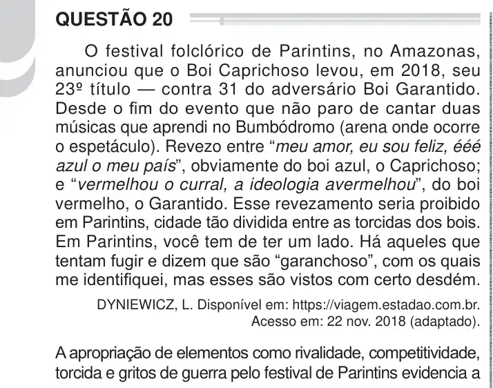 Enunciado da questão 20 do ENEM 2024 Dia 1
