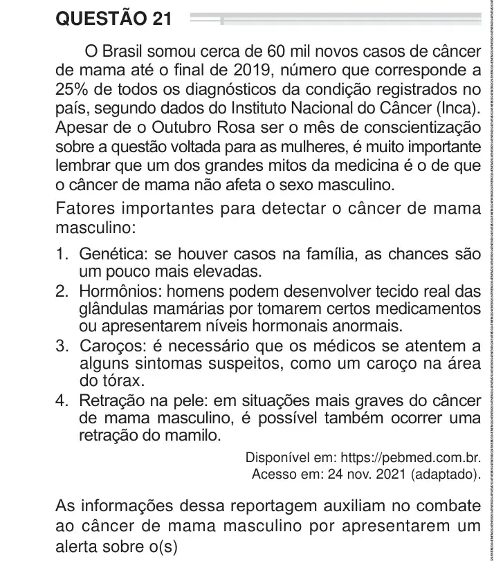 Enunciado da questão 21 do ENEM 2024 Dia 1