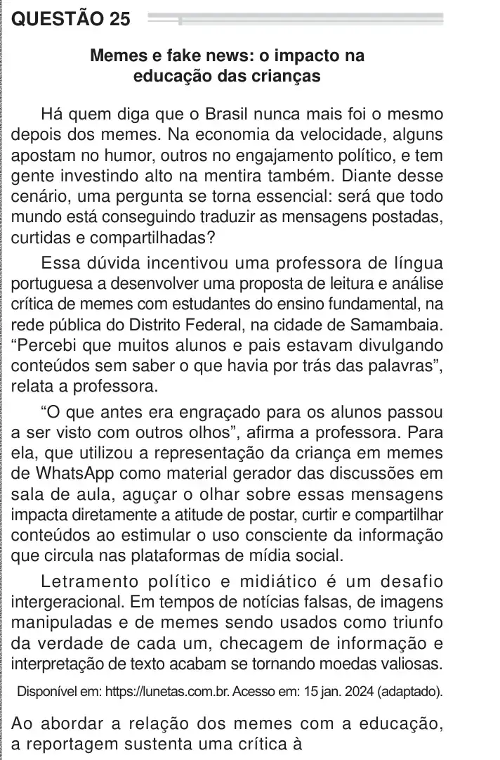 Enunciado da questão 25 do ENEM 2024 Dia 1