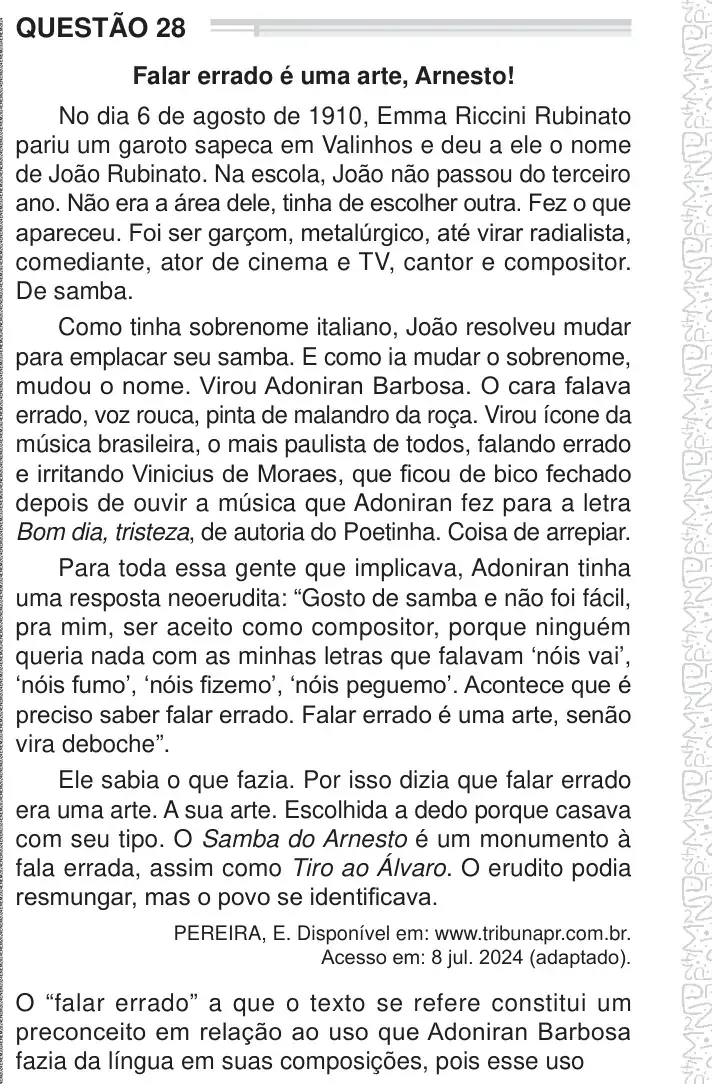 Enunciado da questão 28 do ENEM 2024 Dia 1