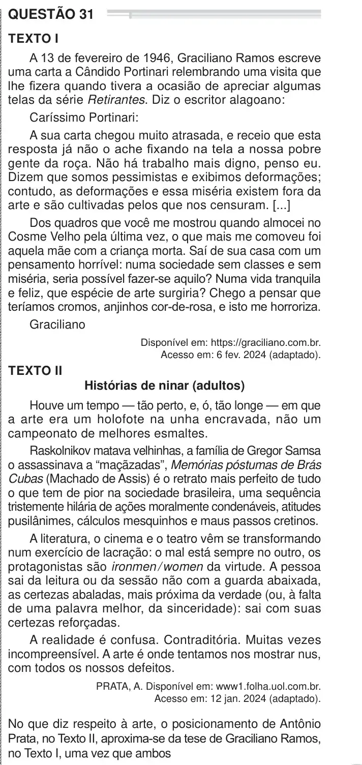 Enunciado da questão 31 do ENEM 2024 Dia 1