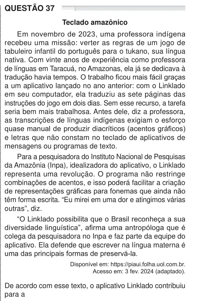 Enunciado da questão 37 do ENEM 2024 Dia 1