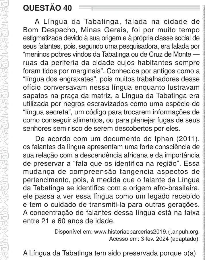 Enunciado da questão 40 do ENEM 2024 Dia 1