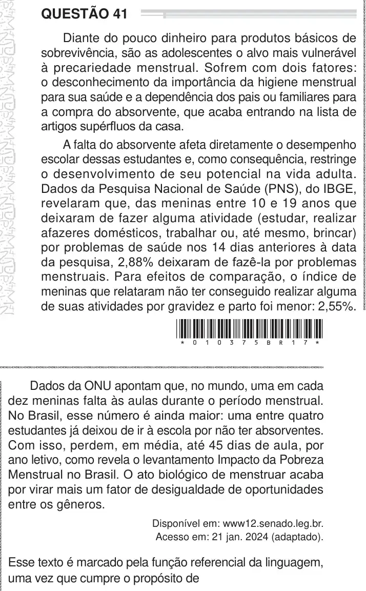 Enunciado da questão 41 do ENEM 2024 Dia 1