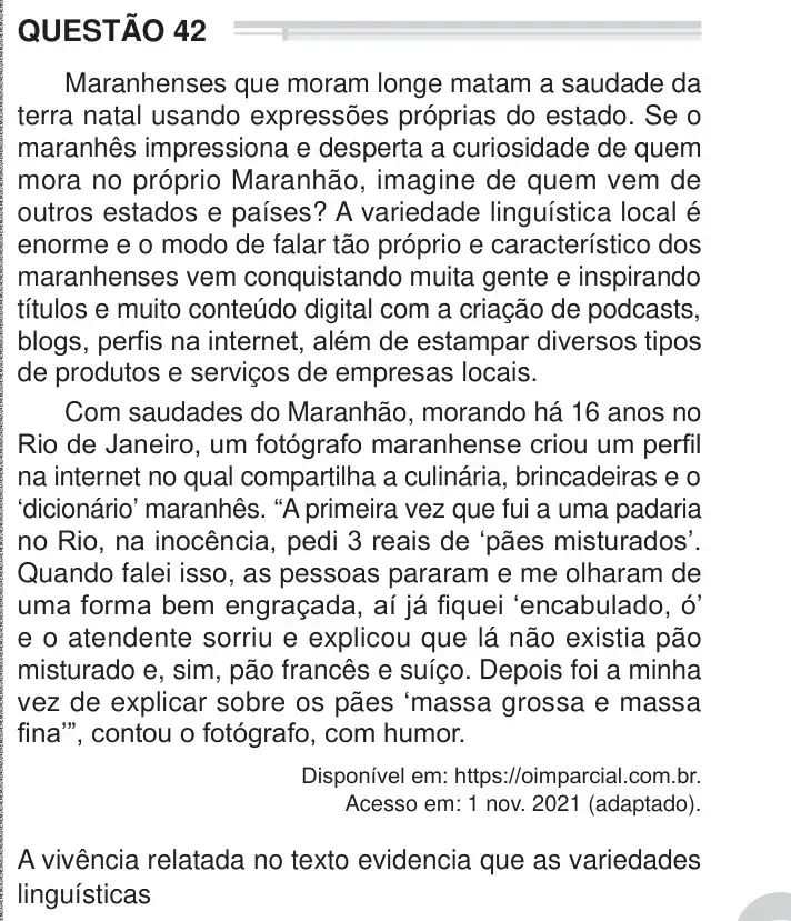Enunciado da questão 42 do ENEM 2024 Dia 1
