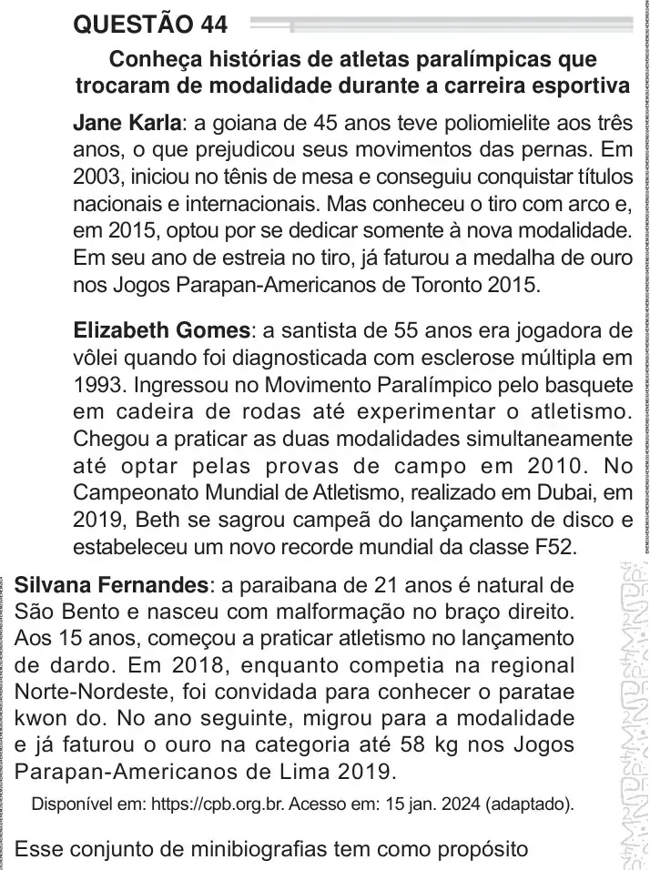 Enunciado da questão 44 do ENEM 2024 Dia 1