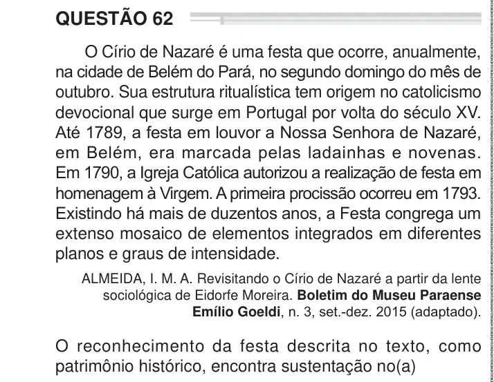 Enunciado da questão 62 do ENEM 2024 Dia 1