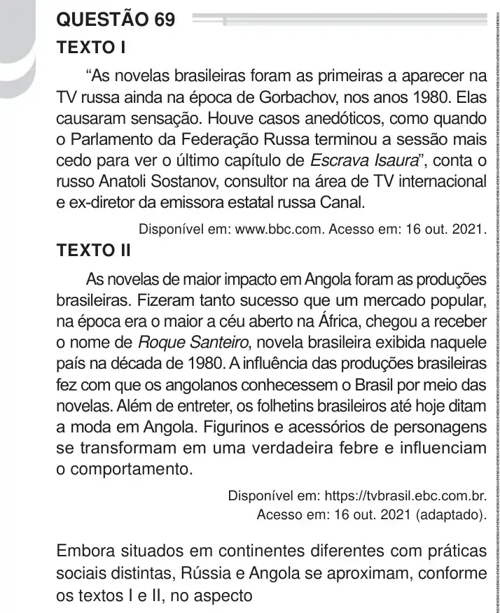 Enunciado da questão 69 do ENEM 2024 Dia 1