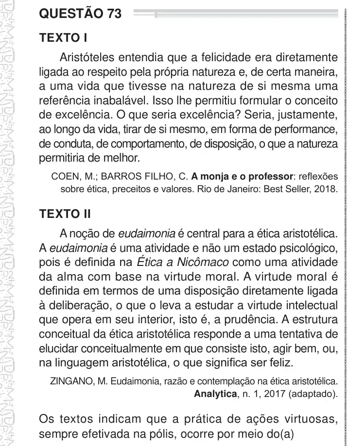 Enunciado da questão 73 do ENEM 2024 Dia 1