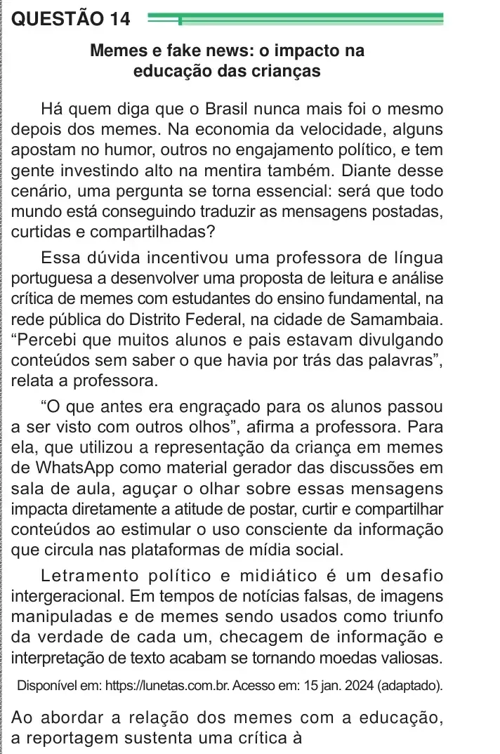 Enunciado da questão 14 do ENEM 2024 Dia 1