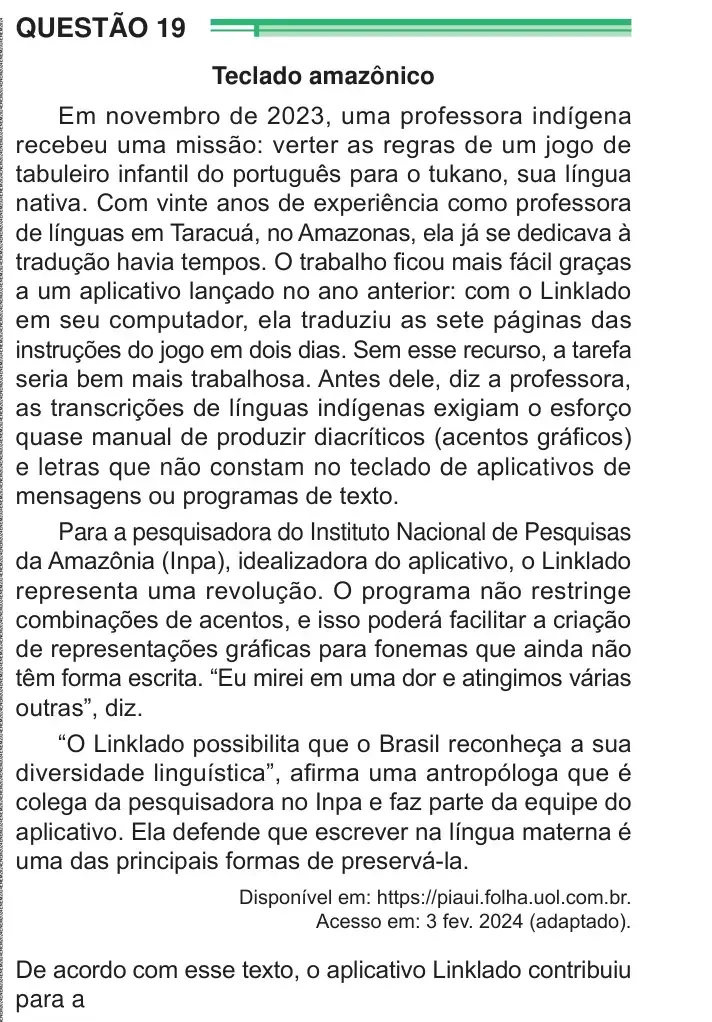 Enunciado da questão 19 do ENEM 2024 Dia 1