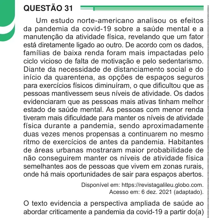 Enunciado da questão 31 do ENEM 2024 Dia 1