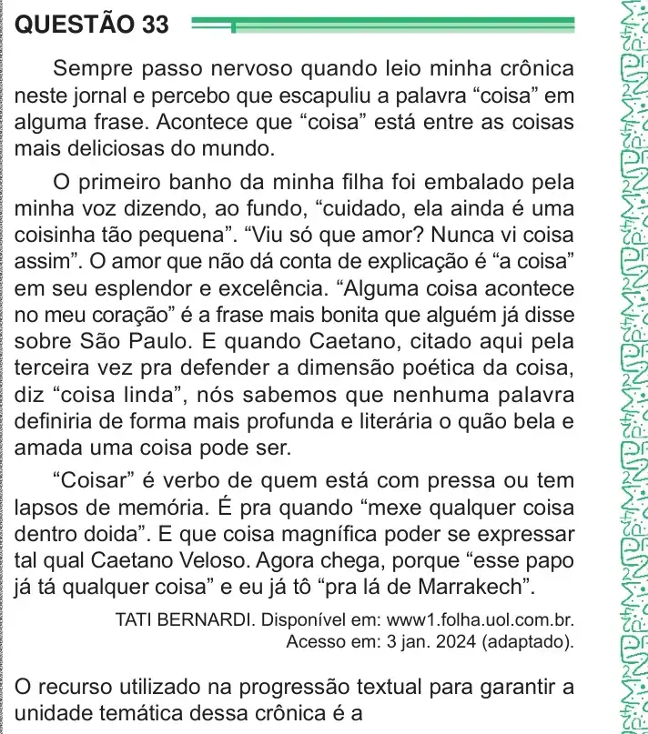Enunciado da questão 33 do ENEM 2024 Dia 1