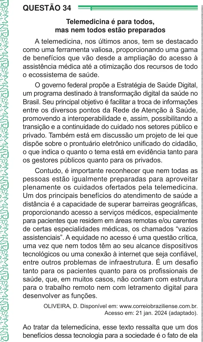 Enunciado da questão 34 do ENEM 2024 Dia 1