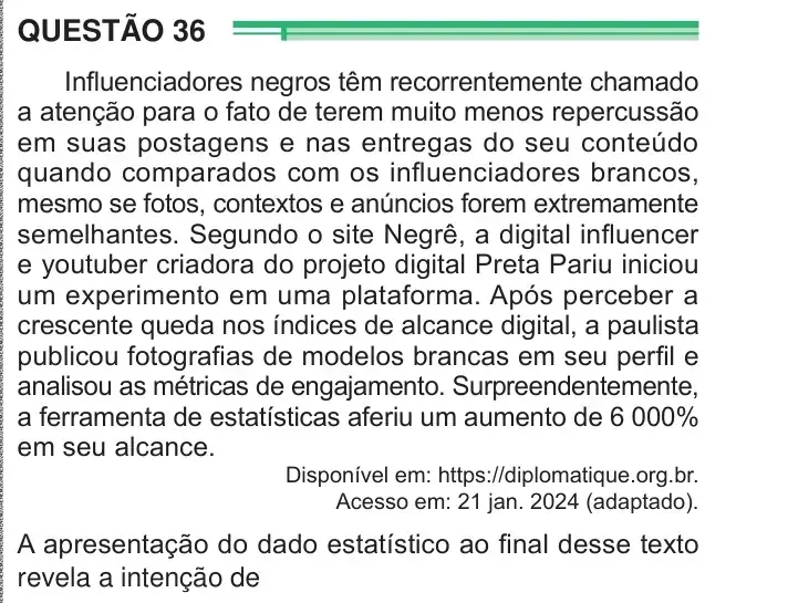 Enunciado da questão 36 do ENEM 2024 Dia 1