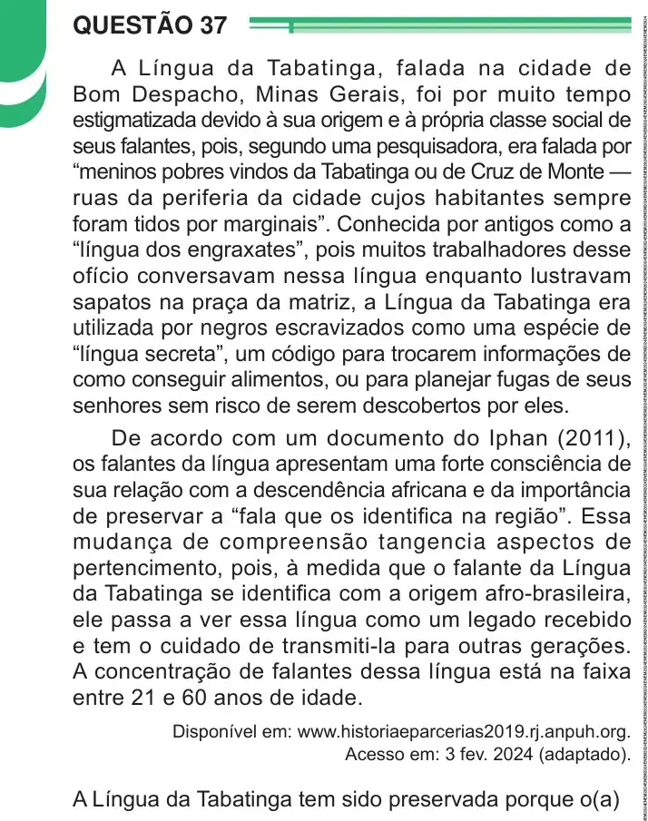Enunciado da questão 37 do ENEM 2024 Dia 1