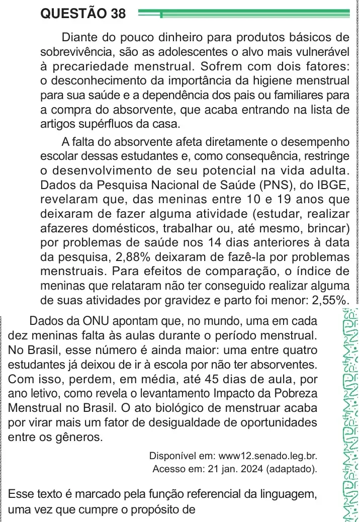 Enunciado da questão 38 do ENEM 2024 Dia 1