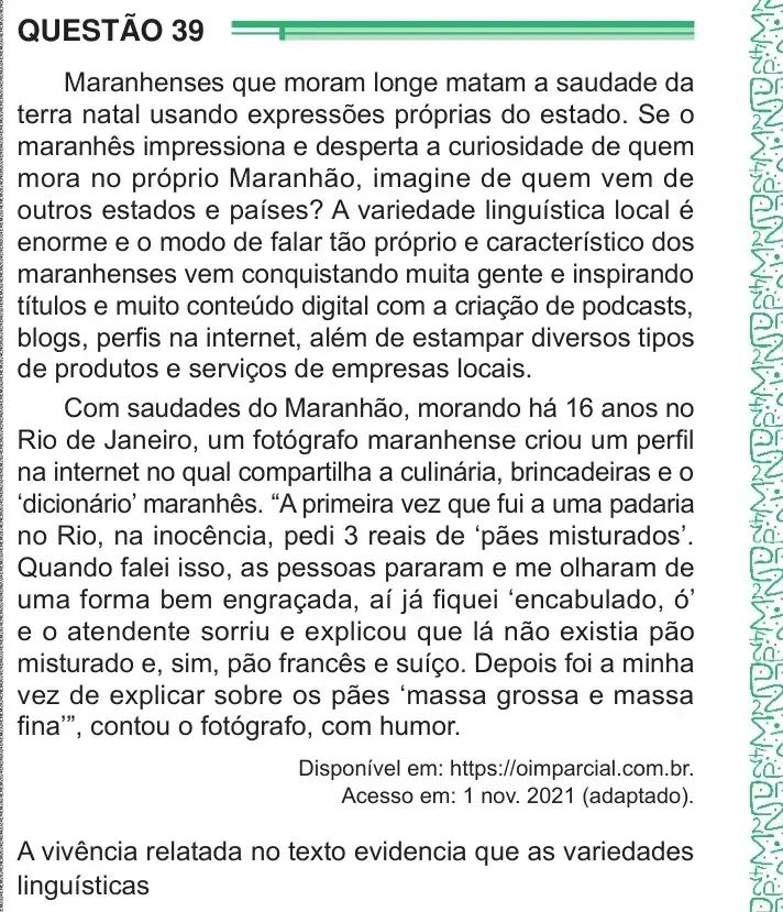 Enunciado da questão 39 do ENEM 2024 Dia 1