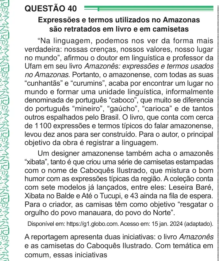 Enunciado da questão 40 do ENEM 2024 Dia 1