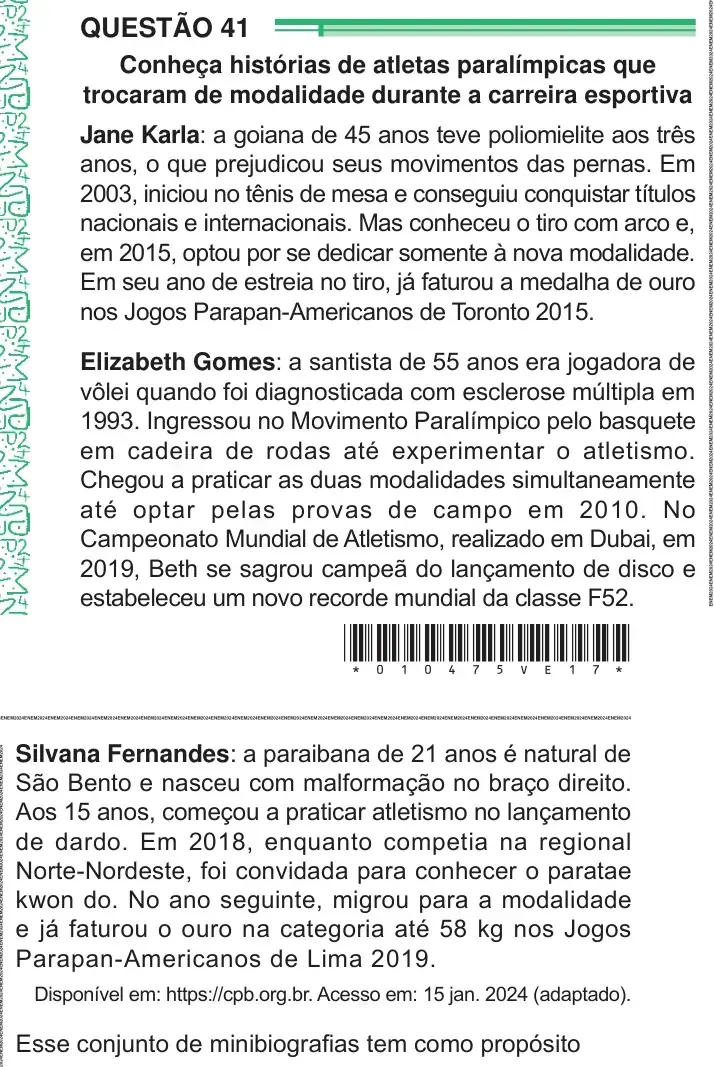 Enunciado da questão 41 do ENEM 2024 Dia 1