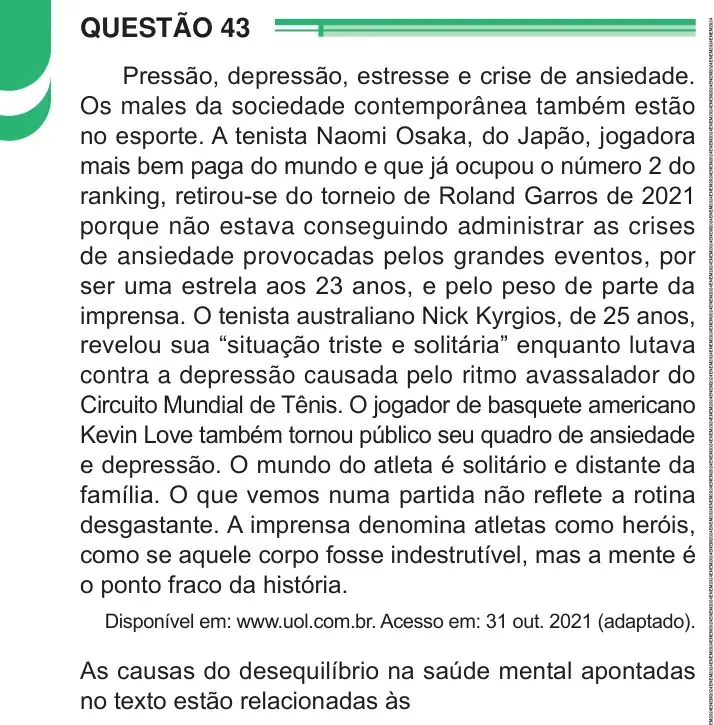 Enunciado da questão 43 do ENEM 2024 Dia 1
