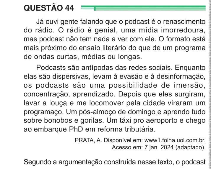 Enunciado da questão 44 do ENEM 2024 Dia 1