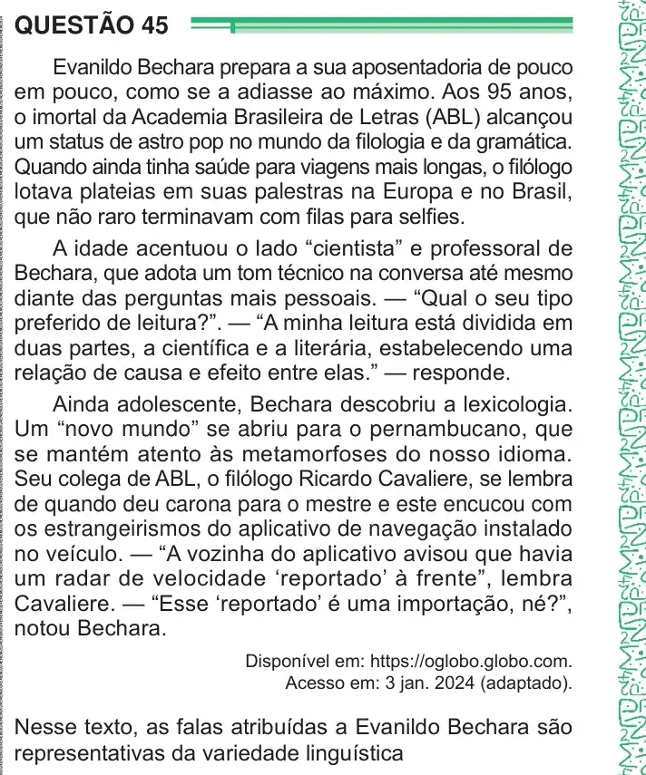 Enunciado da questão 45 do ENEM 2024 Dia 1