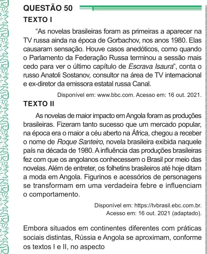 Enunciado da questão 50 do ENEM 2024 Dia 1