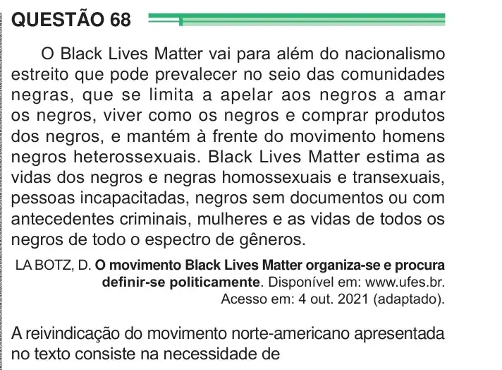 Enunciado da questão 68 do ENEM 2024 Dia 1