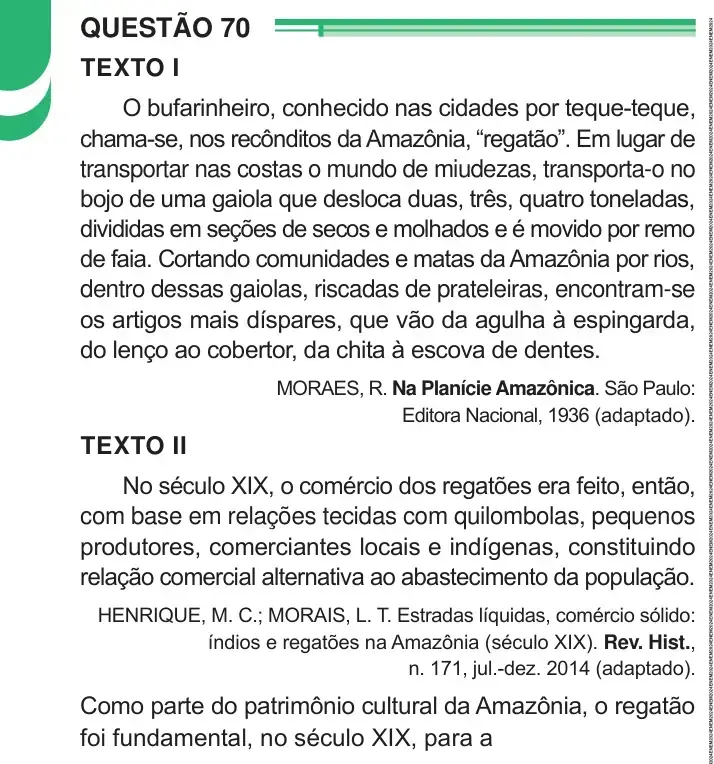 Enunciado da questão 70 do ENEM 2024 Dia 1