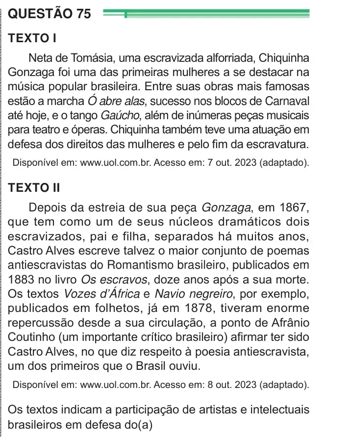 Enunciado da questão 75 do ENEM 2024 Dia 1