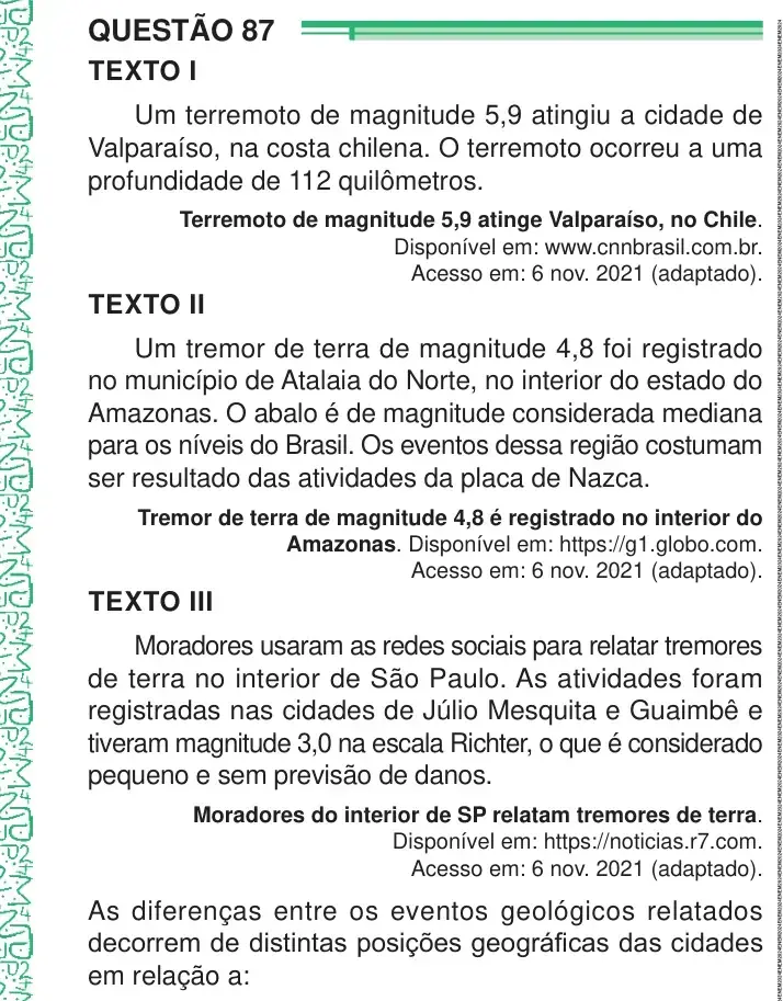 Enunciado da questão 87 do ENEM 2024 Dia 1