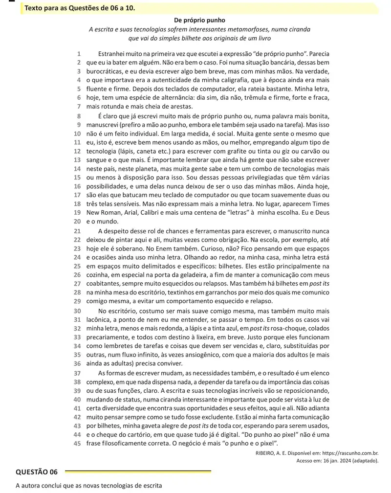 Enunciado da questão 6 do ENEM 2025 Dia 1