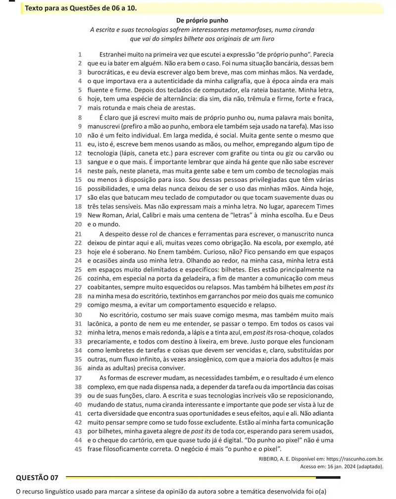 Enunciado da questão 7 do ENEM 2025 Dia 1